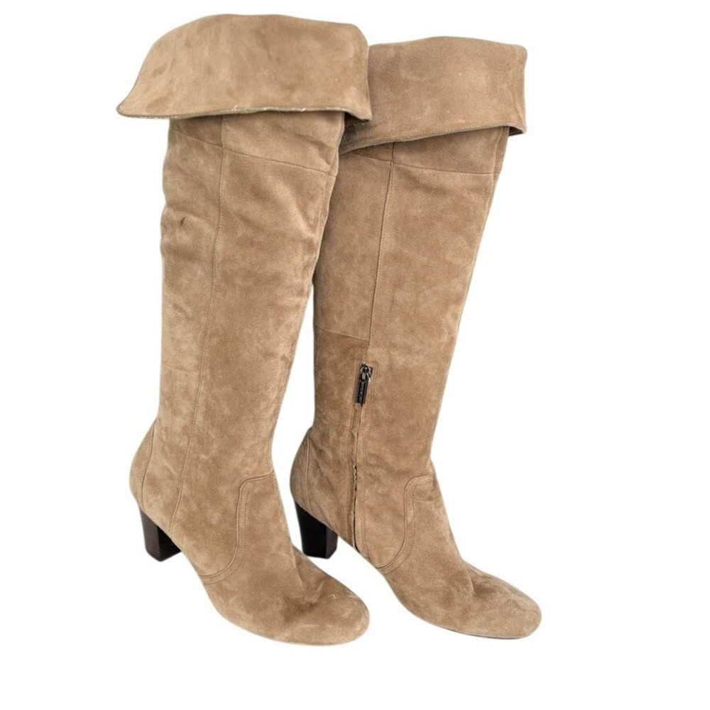 Bandolino Eye Candy Tall Tan Suede Leather Fold Over Knee‎ High Boots Women's 9